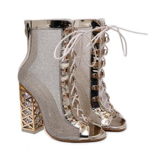 Load image into Gallery viewer, Peep Toe Lace up Square Heel Ankle Silver Boot - Distinctive Shoes