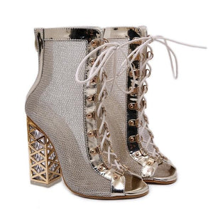Peep Toe Lace up Square Heel Ankle Silver Boot - Distinctive Shoes